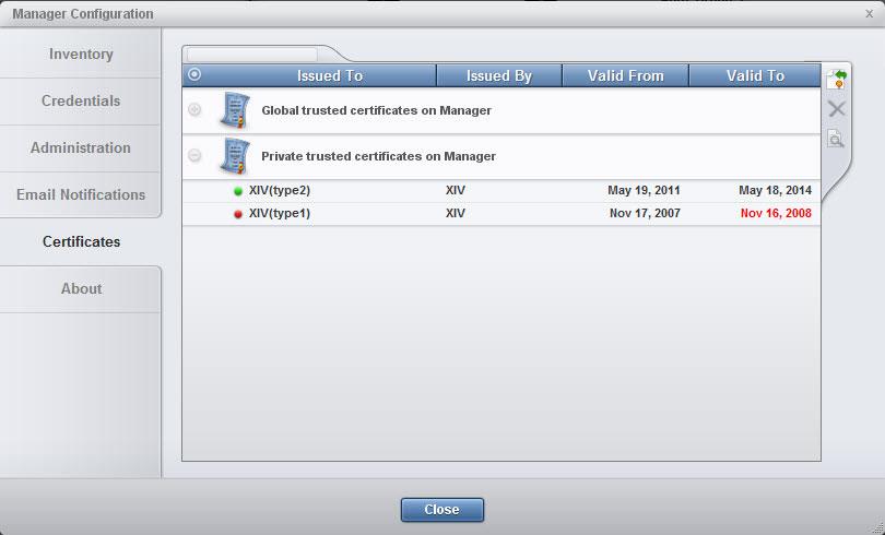 v The Manager Configuration > Certificates tab. On this screen you manage XIV systems trusted certificates that are stored on the Multi-System Manager itself.