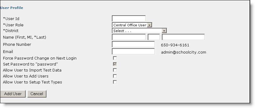 4. This brings up the screen to add a new user. All mandatory fields on this screen are marked with a *. See Fig. 3. Fig. 3: User profile screen to add a new user a. Enter a User ID.