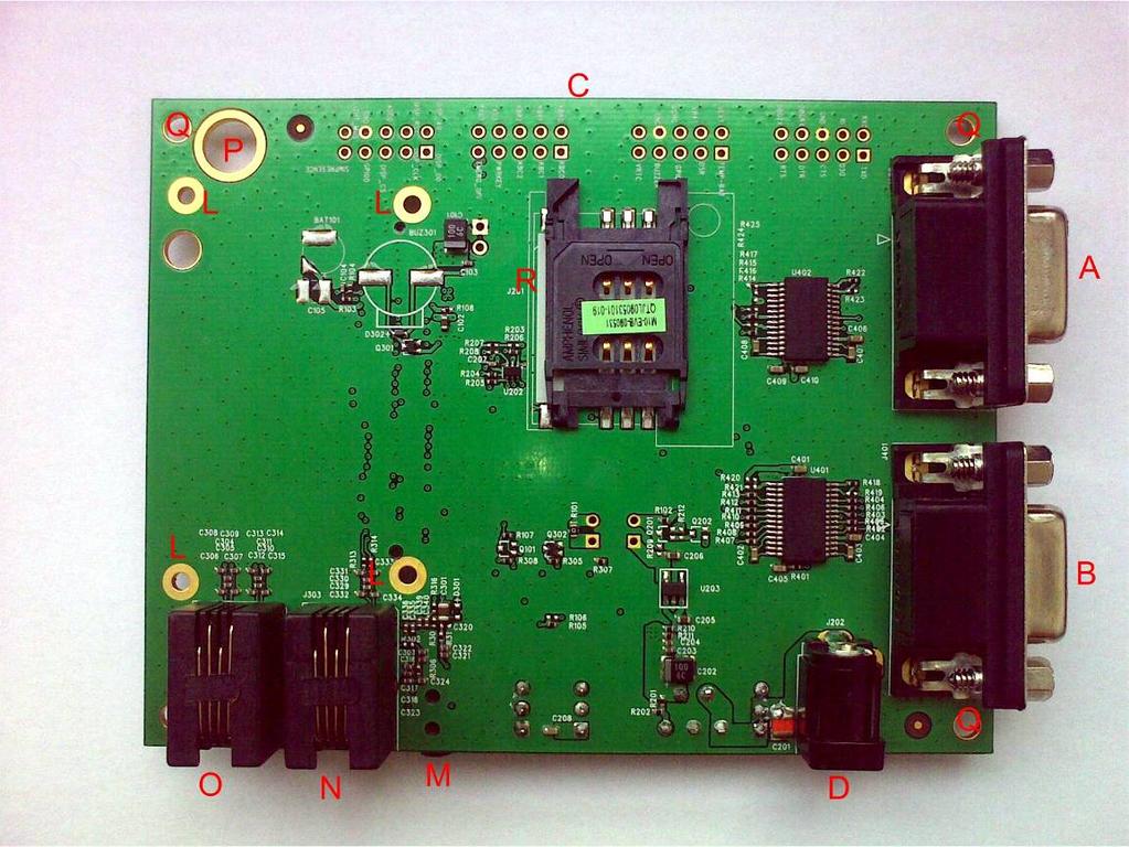 A: Debug port B: Main UART port C: Test points D: Adapter interface E: Module operating status indication LEDs F: PWRKEY button G: EMERG_OFF button H: VBAT switch I: VCHG switch (charge function) J:
