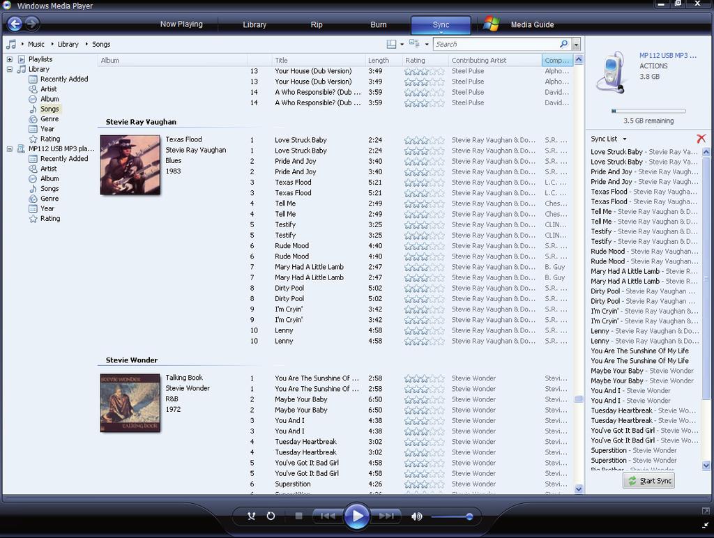 TRANSFERRING MUSIC FILES FROM A WINDOWS MEDIA PLAYER 11 LIBRARY The display above the sync list will show the available memory in your player.