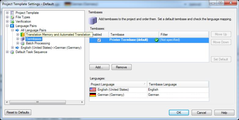 4. Select Language Pairs > All Language Pairs > Termbases from the navigation tree. 5. On the Termbases page, you can select SDL MultiTerm termbases. Select the sample termbase file, Printer.sdltb.