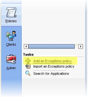 10 Symantec Endpoint Protection 12.1.3 for Customer Interaction 11. In the Tasks area, select the Add an Exceptions policy item.