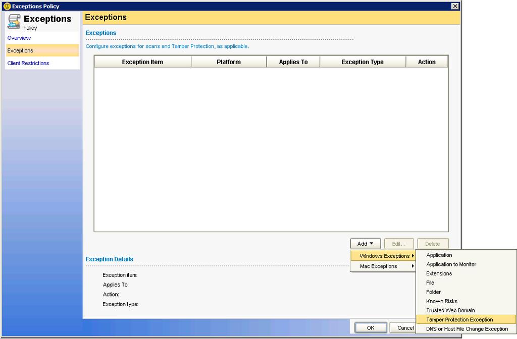 Symantec Endpoint Protection 12.1.3 for Customer Interaction 11 The Add Tamper Protection Exception dialog bo
