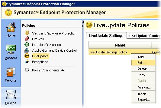 Symantec Endpoint Protection 12.1.3 for Customer Interaction 17 The LiveUpdate Policies pane appears on the right side of the window. 24.