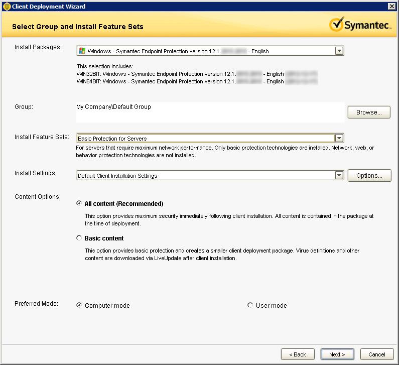 8 Symantec Endpoint Protection 12.1.3 for Customer Interaction 7. In the Install Feature Sets list box, select the Basic Protection for Servers item. Caution!