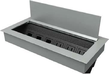 PPD50 Decorative flip lid is flush with surface. 3) 15 amp waterproof electrical simplex outlets and 3) blank data ports. See page 2-5 of Table Solutions Plus Spec Guide for data options.
