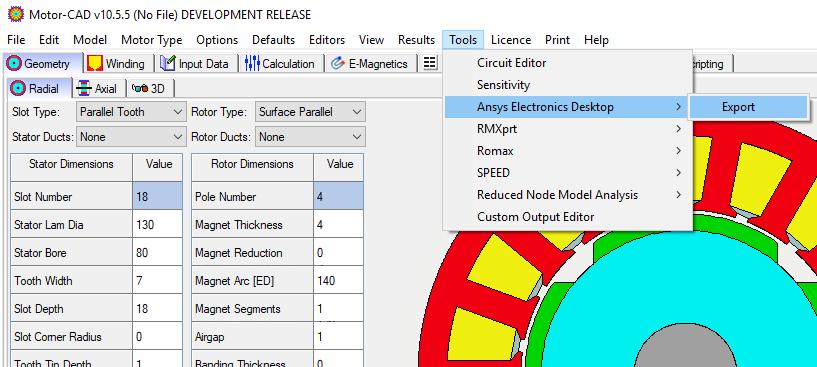 3. Creating the Ansys Electronic Desktop VBS file From the Motor-CAD menu, select File->Geometry Export to display the