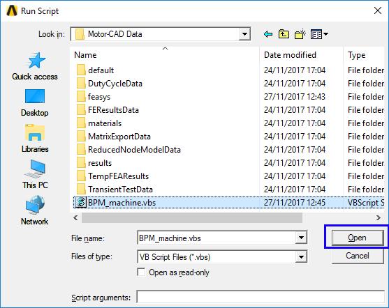Now select the script file that has been generated by Motor-CAD: The script can now be run