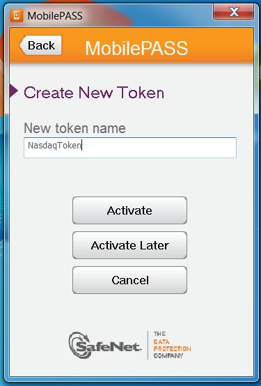 Set a new token name, e.g. NasdaqToken, then click Activate.