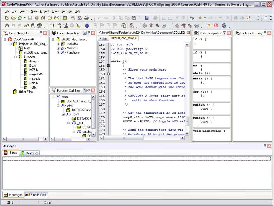 Figure 4.13 Screenshot of the CodeVisionAVR IDE with an emphasis on the Errors message window. 4.1.1.14 Keep the CodeVisionAVR IDE open and go to the Uploading an Application section 4.2.