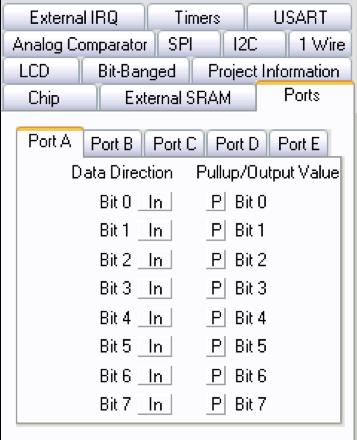 4.1.1.6 Select the tab Port and change the settings under the PORTA tab to match those in Figure 4.6. This is done by toggling all values in the Pullup/Output Value section (i.e. click on the fields that contain T to change them to P ).