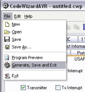 4.1.1.9 Go to the File menu and select Generate, Save and Exit as seen in Figure 4.9. Figure 4.9 Screenshot of generating and saving a program formed using the CodeWizardAVR within CodeVisionAVR.