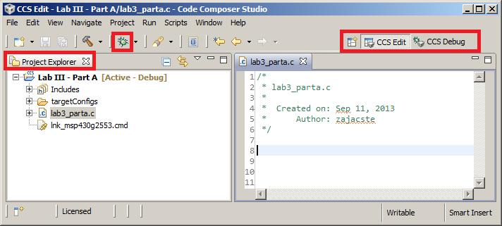 6. Take a few minutes to familiarize yourself with the Code Composer Studio IDE. The Project Explorer is located on the left side of the screen.