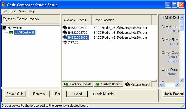 6. Click the Connection Name filled of the step 3, information of target DSP systems supported by the driver will display in the middle.