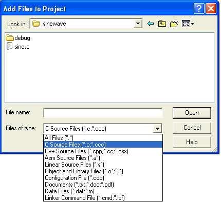 libraries, and linker command file to the project list. 4.1.1.1 Adding Files to a Project You can add several different files or file types to your project.