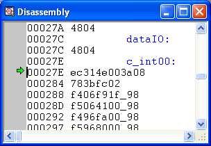 Basic Debugging 5.2.7 Disassembly/Mixed Mode 5.2.7.1 Disassembly Mode When you load a program onto your actual or simulated target, the debugger automatically opens a disassembly window. Figure 5-19.