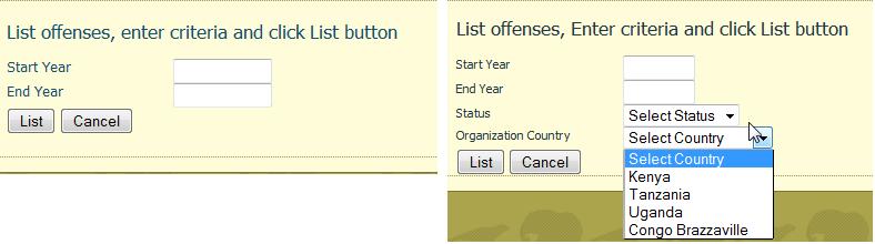 Section 5 Accessing Services 12 Figure 3: Offense Search Form The search form on the left is loaded when a normal user logs in while the one on the right is reserved for LATF users.