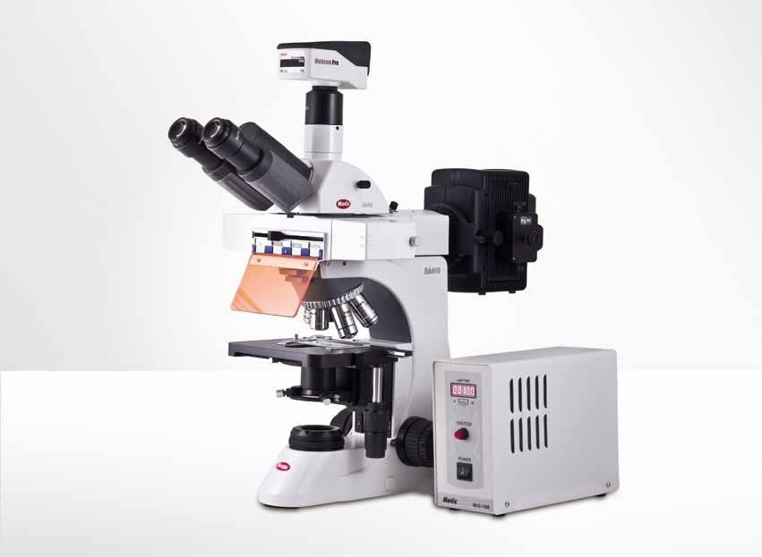 Fluorescence Microscopy The modular concept of the BA410 allows an easy upgrade to an EPI-Fluorescence microscope by using the fluorescence attachment. This device may carry up to 4 filter cubes.