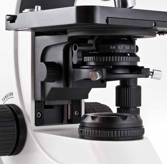 For Phase contrast, a slider solution as well as a turret solution is available. For raised samples e.g. sited in counting chambers, a long working distance condenser with W.D. 10.7mm and N.A. 0.