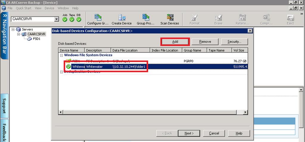 3. When the Disk-Based Devices Configuration wizard starts, click the Add button as shown in Figure 11 below.