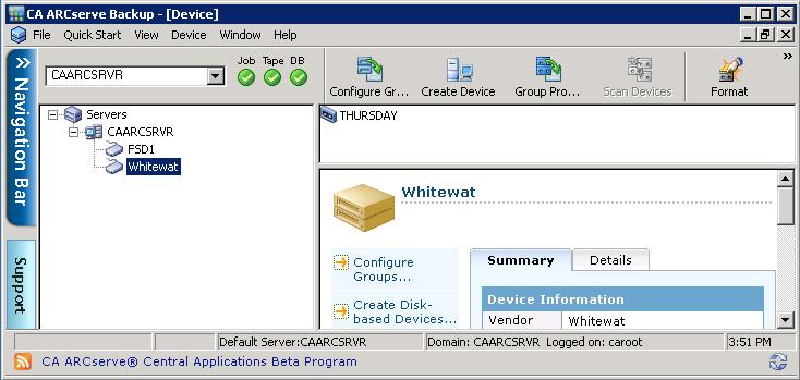 Appendix A. Whitewater Gateway Best Practices for CA ARCserve CA ARCserve uses Disk-Based devices associated with clients via File System Device (FSD) Groups to store data from client systems.