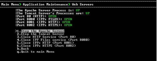 One Voice Operations Center Figure 17-2: Start or Stop the OVOC Server 2. Select Yes to start the OVOC server or No to stop it. 17.2 Web Servers From the Application maintenance menu, choose Web Servers, and then press Enter; the following is displayed: Figure 17-3: Web Servers 17.