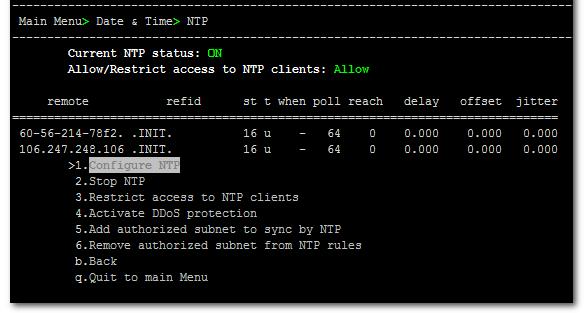 One Voice Operations Center To configure NTP: 1. From the Date & Time menu, choose NTP, and then press Enter; the following is displayed: Figure 19-2: EMS Server Manager - Configure NTP 2.