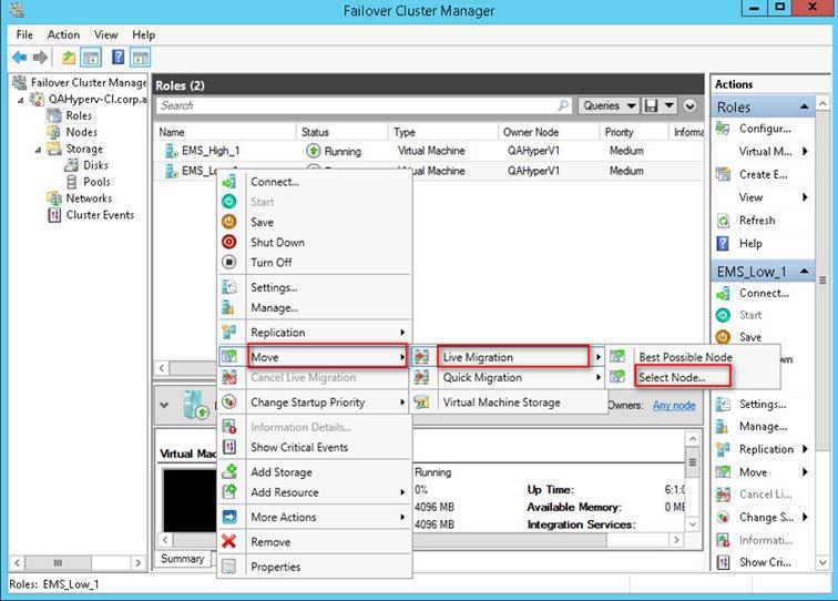 IOM Manual B.Managing Clusters B.2 Moving OVOC VMs in a Hyper-V Cluster This section describes how to move a Virtual Machine to another host node in a Hyper- V cluster.