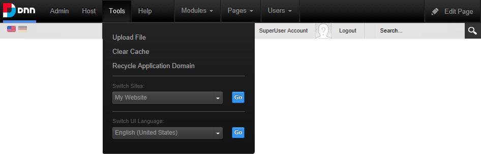 The ControlBar Tools menu displayed to Super Users The Modules Menu