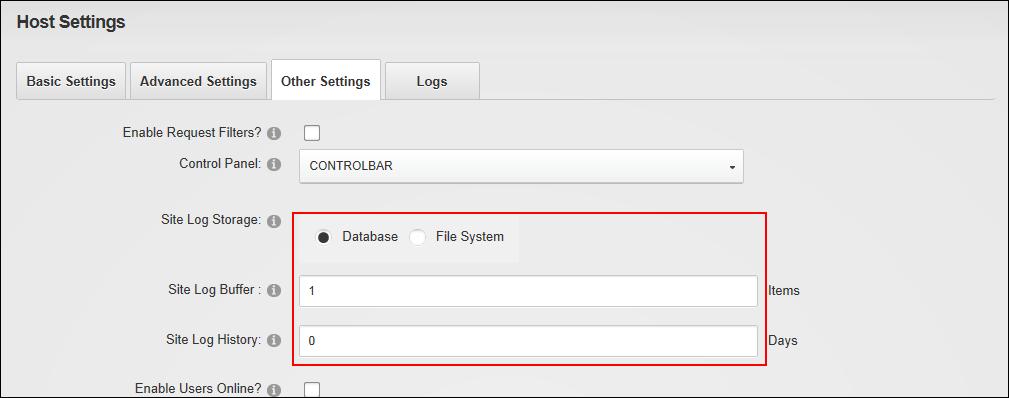 Configuring Site Log Settings for all Sites Configuring Users Online Settings Super Users can enable tracking of online users via Other Settings section of the Host > Host Settings page.