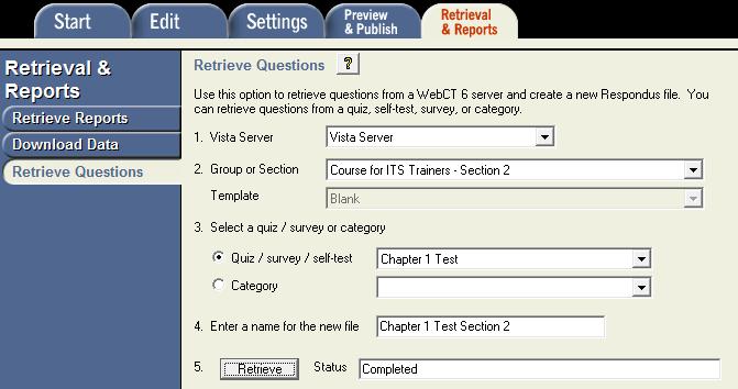 13. Select the course from the pull-down Group or Section menu. 14. Select the Quiz to be retrieved from the pull-down menu. 15. Enter a name for the new file (it can be the same as the current name).