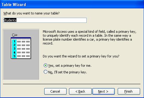 Make sure that the option button Yes, set a primary key for me is selected.