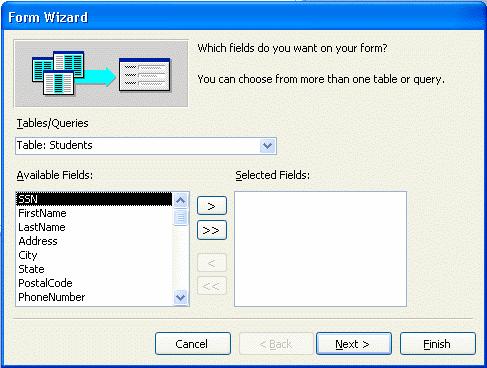 Click >> to select all fields Click Next Each control can be moved or sized by selecting the control, then clicking and dragging to