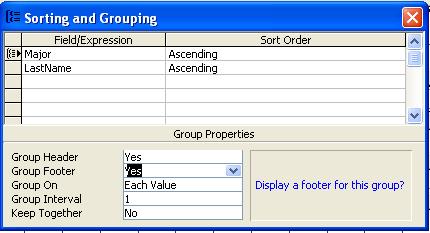 You should see the screen asking whether you want to group the fields. Click (select) the Major field, then click the > button.