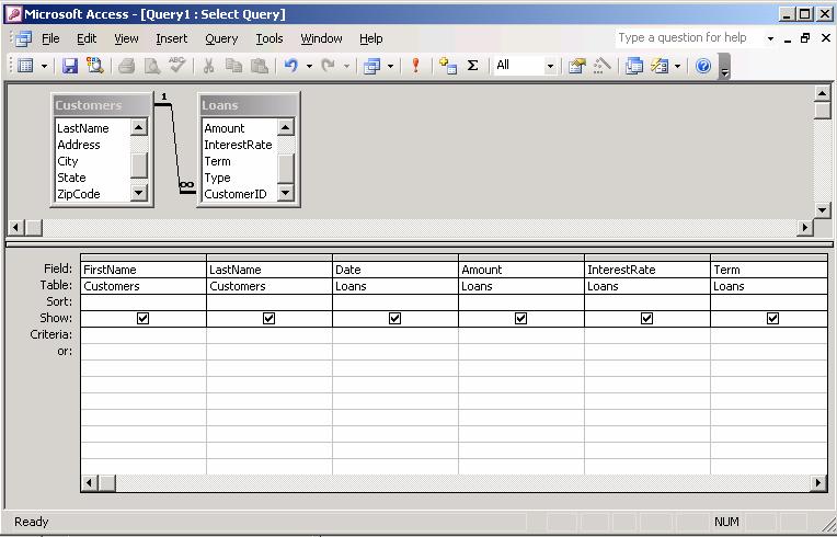 Multiple table queries A select query can contain fields from multiple tables. The one-to-many relationship between those tables is shown graphically in the query design view.
