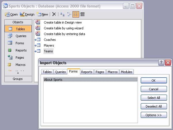 The system (briefly) displays a message indicating that it is linking the tables, after which the tables should appear in the Database window. Click the Tables button in the Database window.