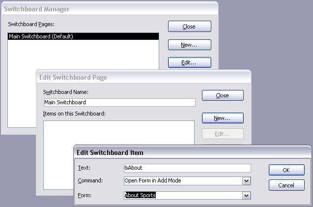STEP 5: Complete the Switchboard Click the New command button in the Edit Switchboard Page dialog box to add a second item to the switchboard. Once again, you see the Edit Switchboard dialog box.