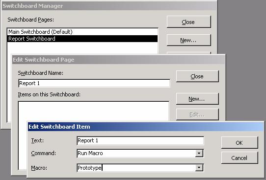 Figure 4 STEP 5: Modify the Main Switchboard Select the Main Switchboard in the Switchboard Manager dialog box, click the Edit button to open the Edit Switchboard Page dialog box, then click New to
