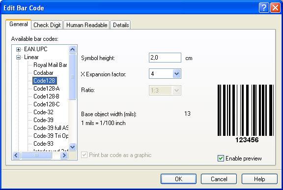 Selecting bar code type 7. Click on the Finish button to return to the label. 8. Change the position of the bar code by selecting the bar code and dragging it to the desired position. 9.
