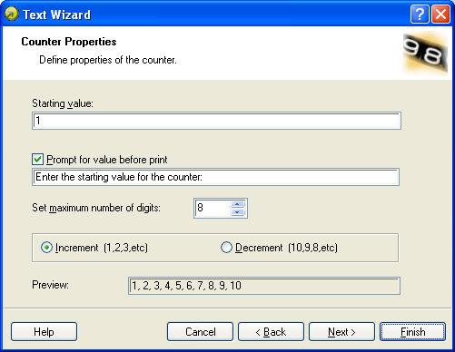 Text Wizard - Counter On this page of the wizard, you define the counter variable.