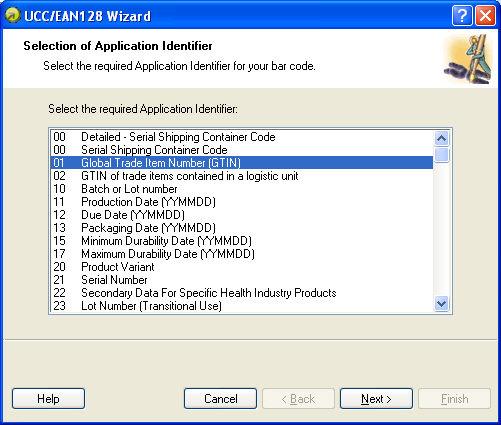 Step 1: Choosing the application identifier EAN.UCC 128 Wizard: Choosing application identifier The dialog in the first step of Wizard allows you to select the EAN.UCC 128 bar code data structure.