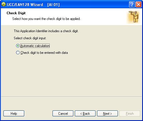EAN.UCC 128 Wizard: How check digit should be applied If you have selected the Application Identifier which data includes a check digit (for example, AI (01) - GTIN, Global Trade Item Number), then