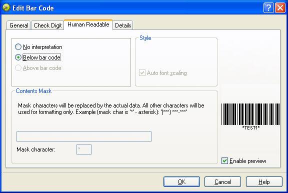 Edit bar code dialog box Human readable tab Details Tab On this tab you can define advanced settings for the bar code. Not all of these options are available for all bar codes and printers.