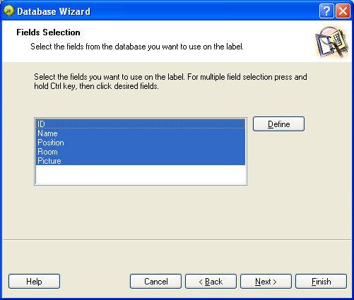 Selecting Desired Fields Database wizard Selecting fields On this page you can select the fields you want to use on the label.