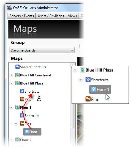 Ocularis Administrator Ocularis Administrator User Manual 2. Determine the source map on which you would like the floating links to appear. Expand the source map node to expose Shortcuts and Pins. 3.