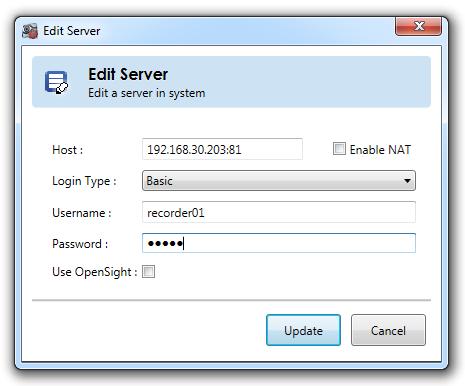 Ocularis Administrator Ocularis Administrator User Manual Editing a Server Follow these steps to modify a recorder s IP Address or changes to its corresponding username and password.