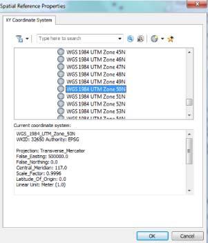 In the Spatial Reference dialog box, choose WGS1984 UTM Zone 50N from Projected Coordinate Systems > UTM > WGS1984 > Northern Hemisphere. Press [OK] to return.