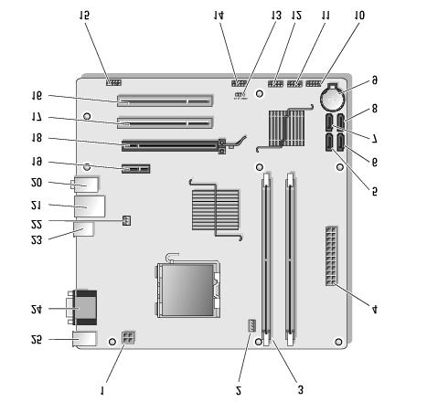 1 power connector (PWR2) 4 main power connector (PWR1) 7 serial ATA drive connector (SATA3) 10 front I/O panel connector 13 CMOS jumper (CLEAR CMOS) 2 processor heat sink/fan assembly power 5 serial