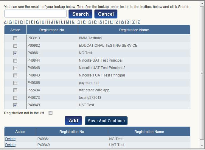 The user may add additional affiliated Principals by using the Search field or by using the Alphabet bar and performing the same actions listed above.