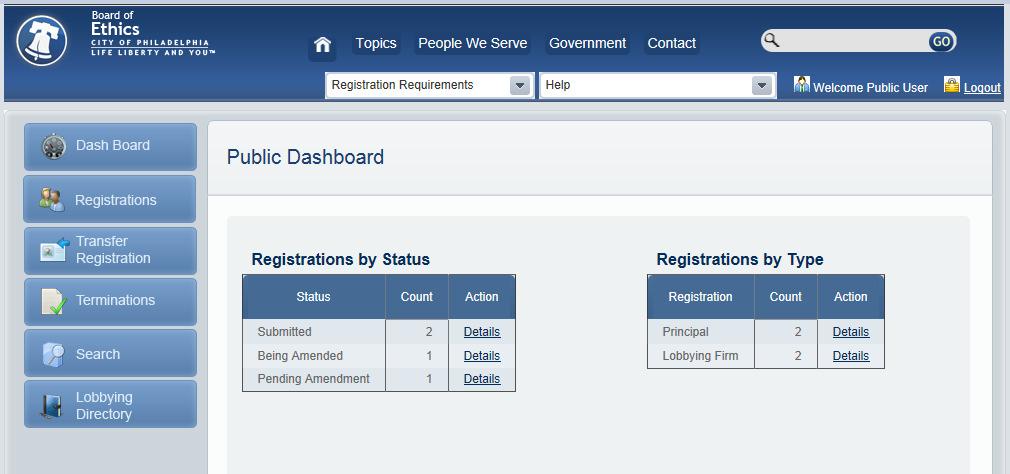 The user is presented with the Public Dashboard which displays the users Number of Registrations by Status and Number of Registrations by